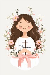 First Holy Communion: A Girl's Serene Celebration with Cross and Flowers