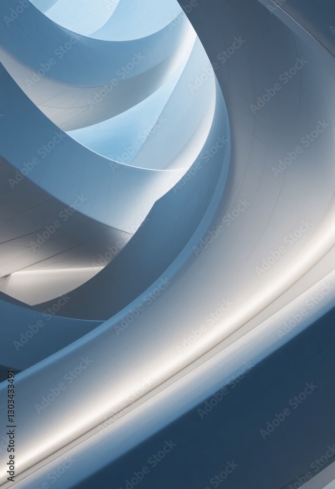 Aufkleber Abstract Architecture, Serene Interior. Futuristic Design With Smooth Textures. Blue And White Hues Create Depth. A Vision Of Forward-thinking, Dynamic Architectural Space.