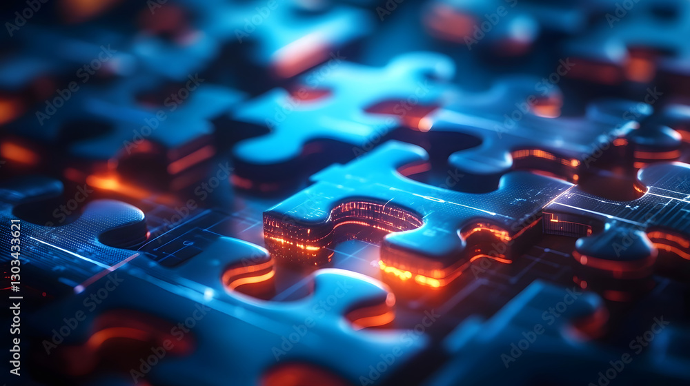 Poster digital puzzle pieces interlocking seamlessly, glowing against a futuristic blue abstract background