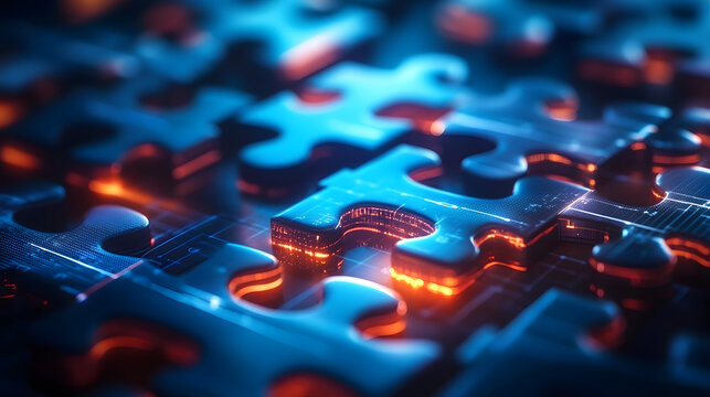 Digital puzzle pieces interlocking seamlessly, glowing against a futuristic blue abstract background, symbolizing the concept of API integration and seamless connectivity