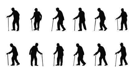 Fototapeta premium Elderly Man Silhouettes with Walking Cane - Vector Set