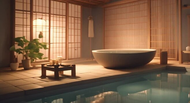Soft Moonlight Reflection on a Freestanding Hinoki Tub