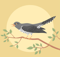 Forest bird cuckoo. Songbird sitting on a tree branch. Flying feathered. Animals, nature and ornithology. Cartoon vector illustration
