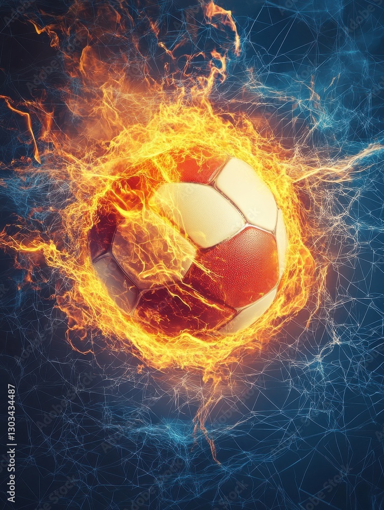 Poster volleyball ball on fire and water with lightening around on abstract polygonal background. horizonta