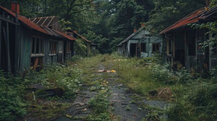 Overgrown Alley of Abandoned Wooden Houses in a Dark Forest