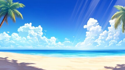 Fototapeta premium Serene tropical beach scene with palm trees, clear blue skies, and gentle waves in the background