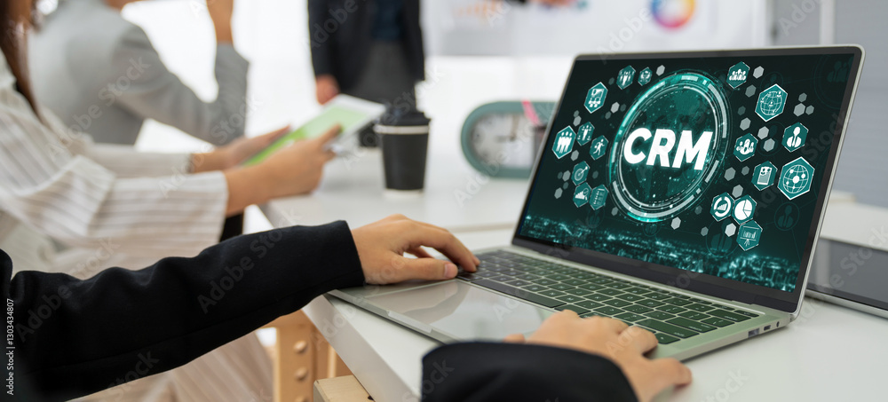 Poster customer relationship management system on modish computer for crm business and enterprise