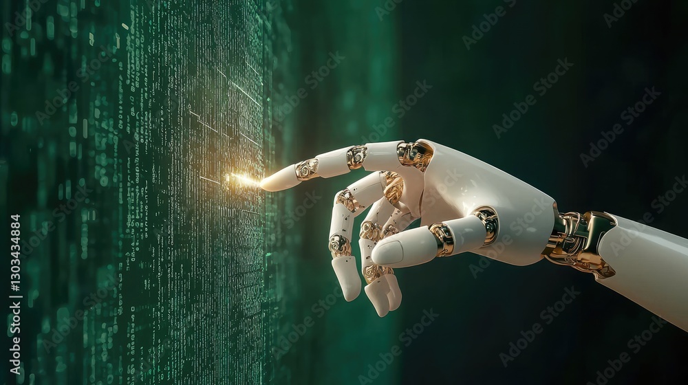 Poster ai-powered robotic hand interacting with a digital screen filled with complex algorithms.