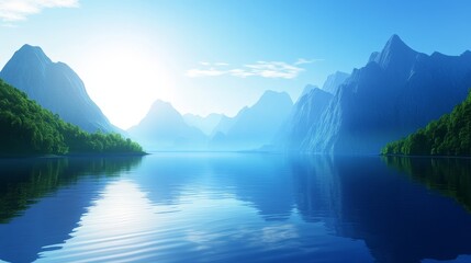Serene mountain landscape reflecting in calm waters under a bright blue sky at dawn