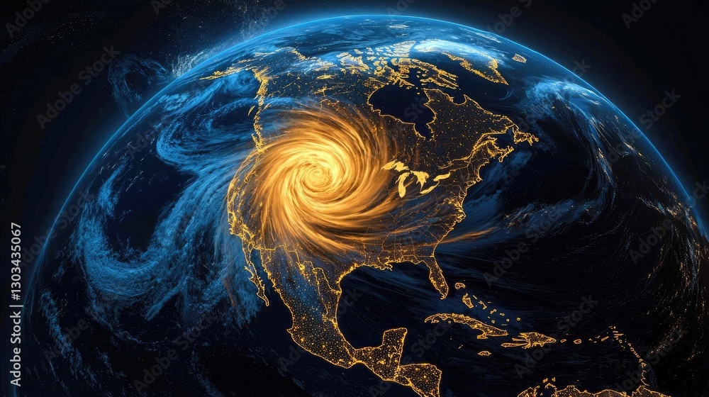 Poster artificial intelligence software mapping global storm patterns with 3d projections.