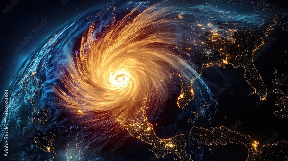 Poster artificial intelligence software mapping global storm patterns with 3d projections.