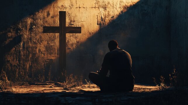 Silhouette of a man kneeling in prayer near a wooden cross