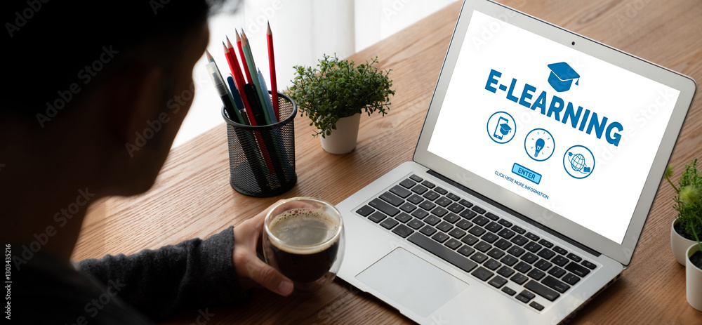 Poster e-learning website with modish sofware for student to study online on the internet network