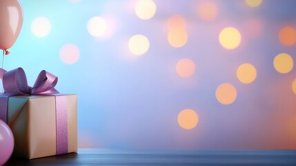 A beautifully wrapped gift with a pink ribbon, surrounded by balloon and soft bokeh light in the background