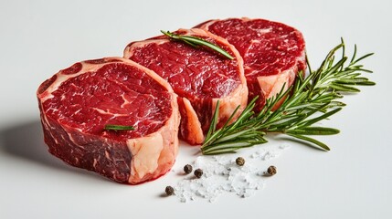 Fototapeta premium Beautifully marbled raw steaks with a touch of rosemary and rock salt on a clean white backdrop.