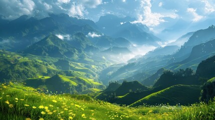 Obraz premium Serene Mountain Landscape: Breathtaking Vista of Verdant Hills and Rolling Terraces under a Bright Sky