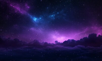 Beautiful night sky with the Milky Way and stars over a purple horizon, panoramic view