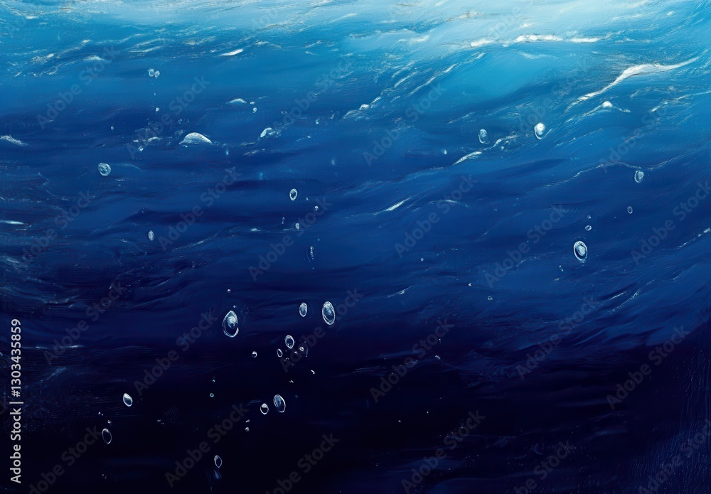 Poster deep blue ocean water surface with air bubbles rising and reflections of light creating a calm and s