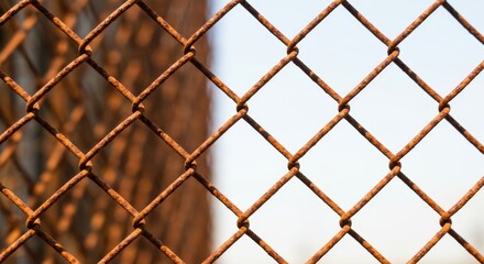 Fototapeta premium Rusty Chain Link Fence Texture - Close-up view of an old, rusty chain link fence against a blurred background. Shows texture and detail of rust