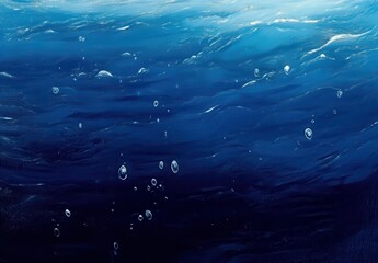 Obraz premium Deep Blue Ocean Water Surface with Air Bubbles Rising and Reflections of Light Creating a Calm and Serene Underwater Environment