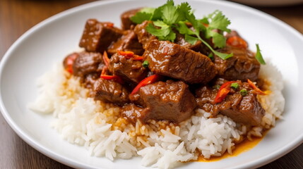 Fototapeta premium White rice with beef chunks on a white plate