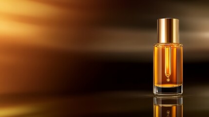 Elegant glass bottle of golden oil on a reflective surface with a soft gradient background