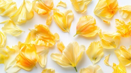 Scattered Yellow Tulip Petals on White Background