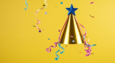 Shimmering Golden Party Hat Celebration - Festive gold party hat, colorful ribbons, star, confetti, celebration, joy. Symbolizing fun, festivity, celebration, happiness, and success