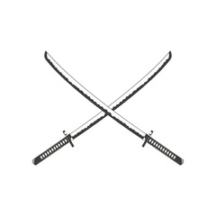 katana sword. Samurai and ninja weapon in retro style. Crossed samurai swords collection. Ninja shurikens.