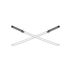 katana sword. Samurai and ninja weapon in retro style. Crossed samurai swords collection. Ninja shurikens.