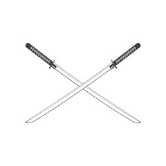 katana sword. Samurai and ninja weapon in retro style. Crossed samurai swords collection. Ninja shurikens.