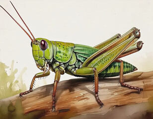 Fototapeta premium Watercolor of Grasshopper on Log AI
