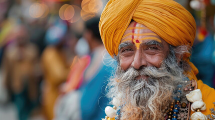 Obraz premium celebration of the Sikh New Year, Baisakhi, Vaisakhi, portrait of a smiling elderly Sikh man in a turban and Indian national dress, sacred ritual, horizontal banner, copy space, free space for text
