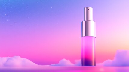 A vibrant perfume bottle stands against a dreamy pastel sky with soft clouds at sunset