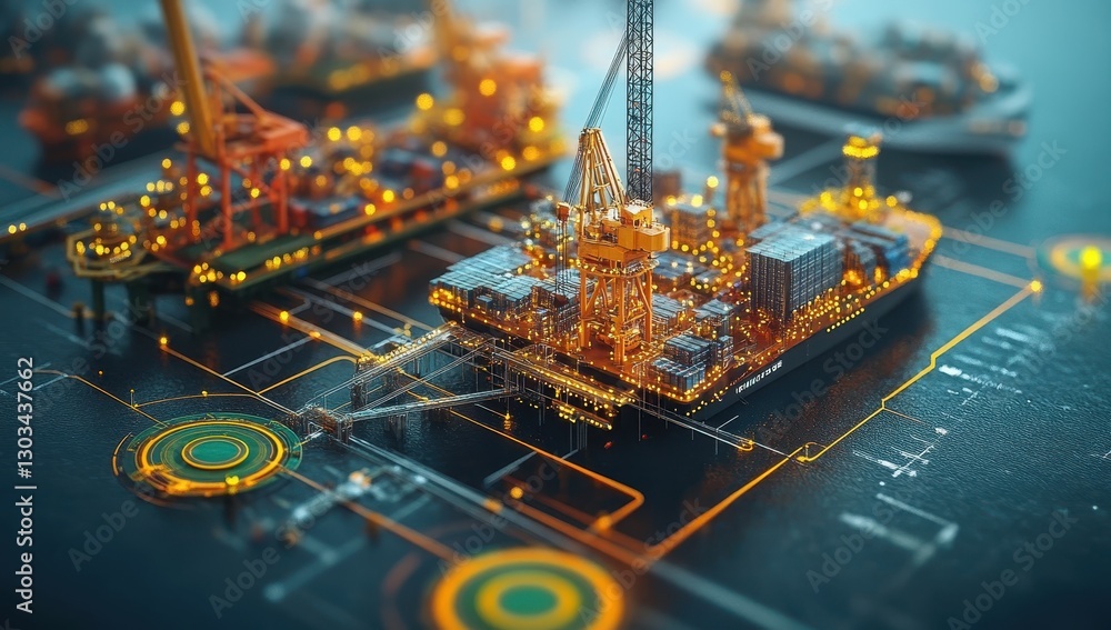 Poster detailed aerial view of container ship with cranes and cargo on digital interface representing moder