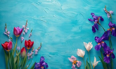 Beautiful tulips and irises on a turquoise wooden background with copy space for your text. Happy Women's Day, Mother's Day, or spring concept