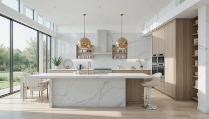 Modern kitchen design with spacious windows for natural light and tasteful marble accents
