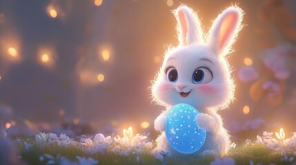 Adorable Fluffy White Bunny with Glowing Blue Egg in Flower Field at Night