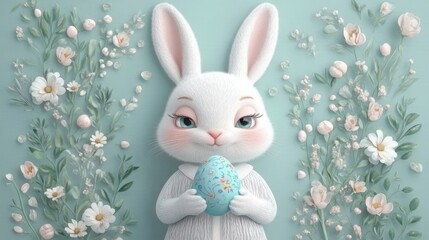 Adorable Fluffy White Bunny with Easter Egg Among Pastel Flowers