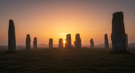 Sunrise at the Standing Stones - Mystical sunrise silhouettes ancient stones, symbolizing history, mystery, timelessness, spirituality, and nature's grandeur