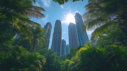 City buildings peek from jungle canopy, sunny day