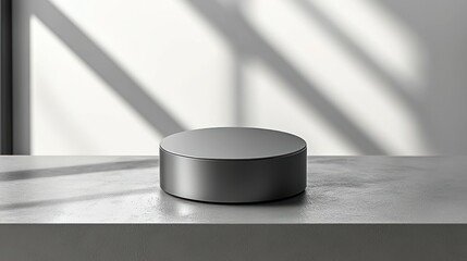 Gray cylinder podium on concrete surface with sunlight