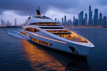 Luxury yacht anchored near vibrant city skyline showcasing exclusive lounge and evening illumination