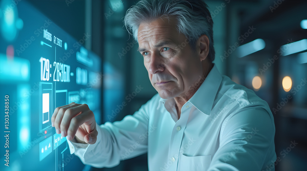 Poster mature man interacting with digital touchscreen for advanced data analysis in corporate setting