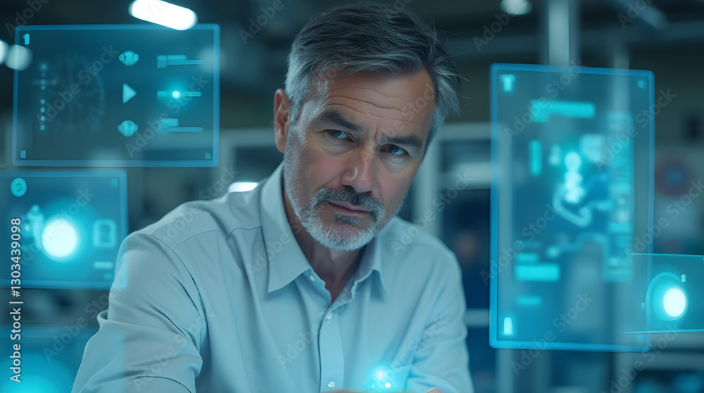 Poster futuristic technology man using holographic screens for data analysis