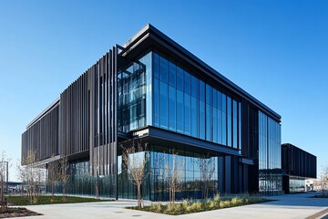 Obraz premium Modern architectural marvel: A stunning modern architectural edifice of glass and steel rises against a backdrop of a clear, bright sky, showcasing the pinnacle of contemporary design. 