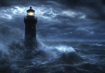 Dramatic Lighthouse Stands Strong Against Thunderous Wave and Dark Stormy Sky in Moody Seascape After Sunset