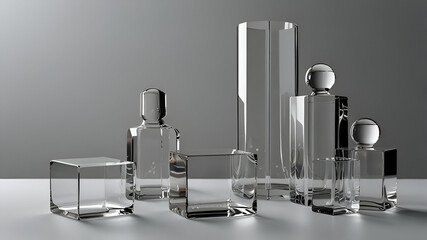 Glass vessels, minimalist design, transparent containers, cylindrical shapes, metal caps, reflective surfaces, studio lighting, gray background
