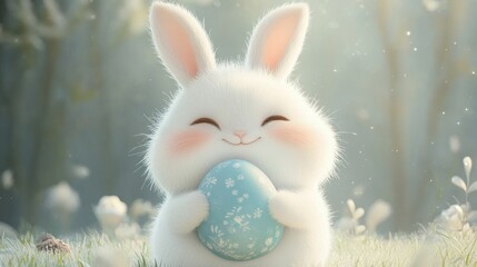 Fototapeta premium Fluffy White Bunny with Blue Easter Egg in Sunny Forest