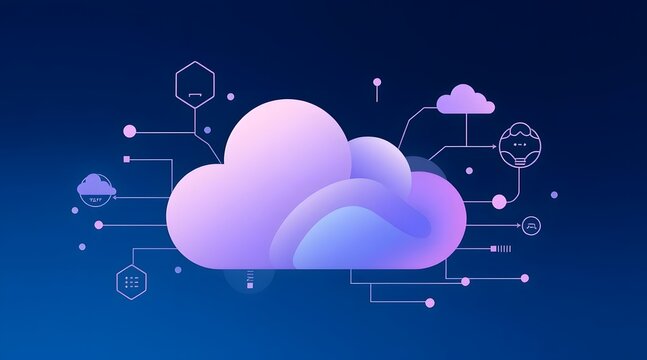 A vibrant digital illustration of a cloud surrounded by technology symbols, representing cloud computing, connectivity, and data storage in a modern, abstract design with shades of purple and blue.   